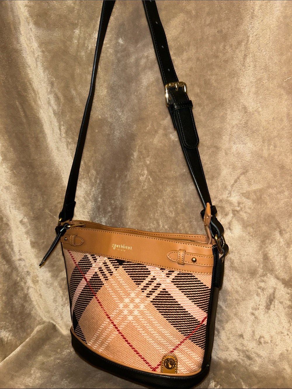 Spartina 449 Tan Nova Plaid Linen Leather Preppy Crossbody Bucket Tote Bag - Picture 2 of 16